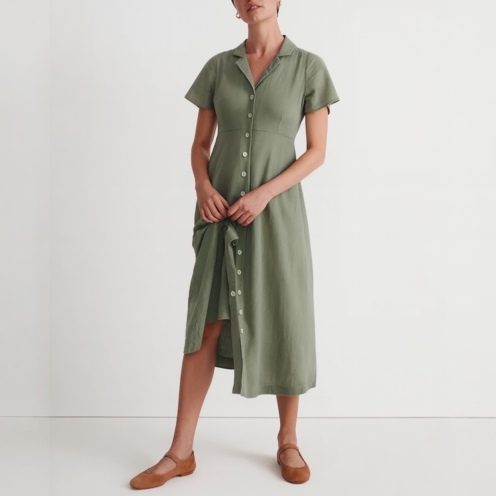 Madewell Olive Green Short-Sleeve Button Midi Dress